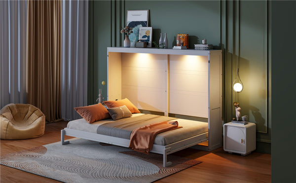 English Elm Queen Murphy Wall Bed with Led Lighting Modern Cabinet Folds Flat for Studio Living White LP100973AAK