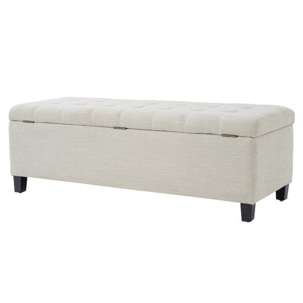 English Elm Upholstered Boucle Storage Bench Flip Top Lid Rubberwood Legs Bedroom Entryway Seating Beige N779P395018B