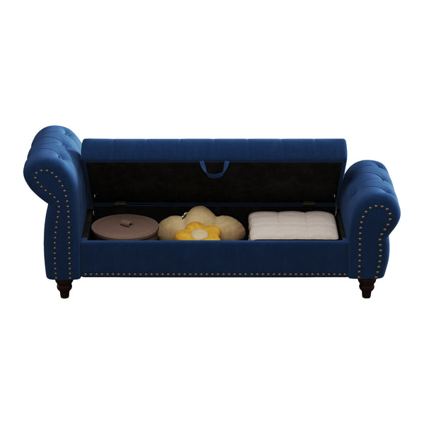 English Elm 64.5" Bed Bench with Storage Velvet Upholstery — Tufted Chaise Lounge, Solid Wood Frame, 400lb Capacity Navy Blue W1097P202879