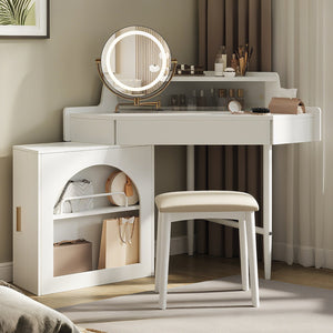 English Elm Corner Makeup Vanity Desk with 360° Rotating LED Mirror, Adjustable Brightness, L-Shaped Corner Design and Pull-Out Storage for Small Spaces White N844P263663A