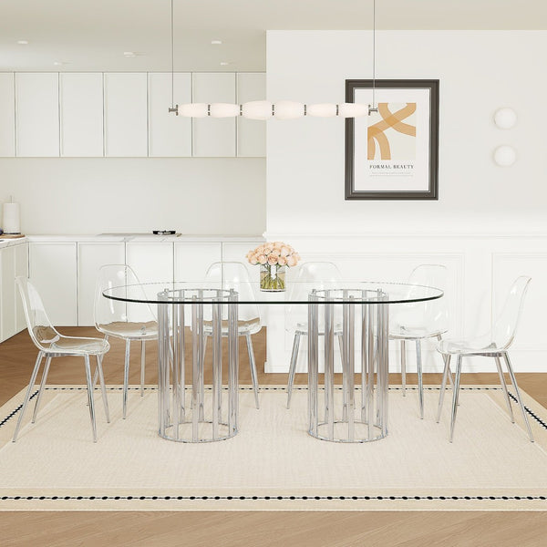 English Elm Table Oval Tempered Glass 7-piece Dining Set with Six Clear Chairs Silver Base W1151S04746