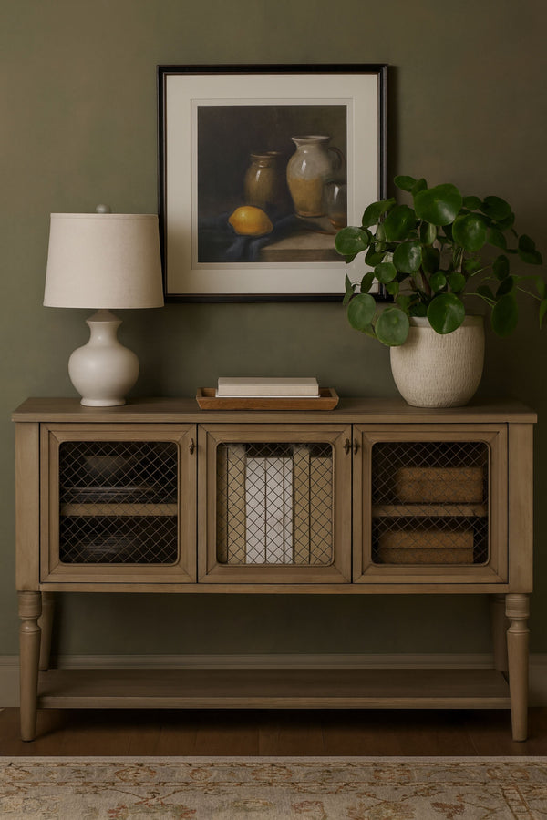 English Elm Sever Solid Wood Sideboard with Metal Mesh Doors, Open Shelf & Turned Legs for Stylish Storage Light Tan 65.5 L x 22.25 W x 26 H B2699P383828