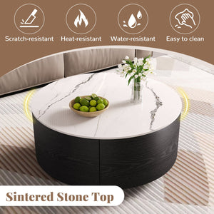 English Elm Modern Round Coffee Table with Sintered Stone Marble Top, Locking Casters, 2 Soft-Close Drawers, Space-Saving Design Black N735P328523B