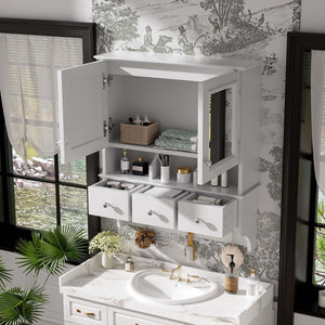 English Elm 4-in-1 Wall Mounted Bathroom Cabinet with Mirror Drawers and Towel Hooks Vanity White N710P405416K