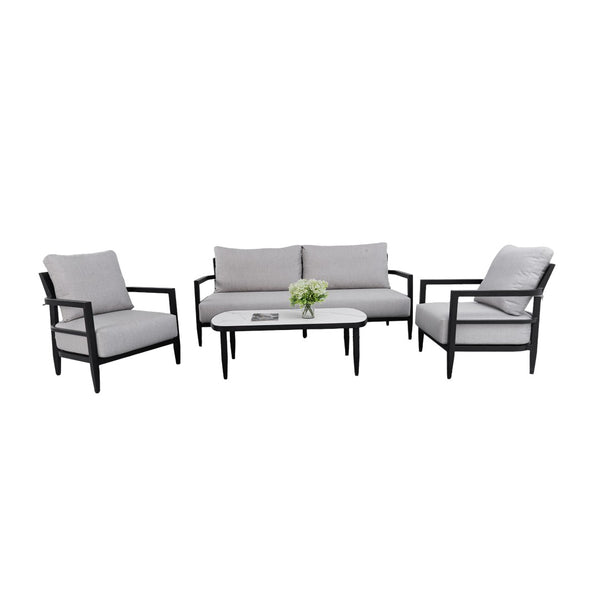 English Elm 4pc Outdoor Patio Set Sintered Stone Table Sunbrella Cushions Aluminum Frame W1886S00040