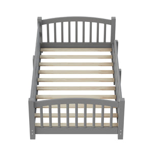 English Elm Twin Montessori Floor Bed Solid Pine Frame with Safety Guardrails for Kids Bedroom Gray N733P400298E