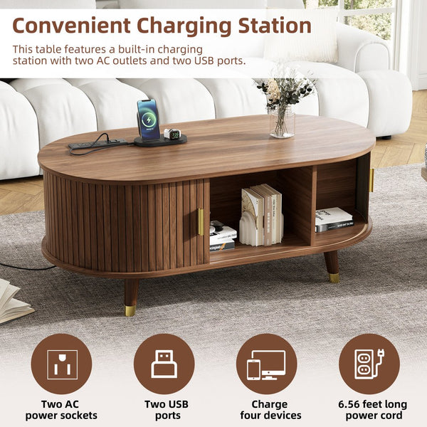 English Elm [Assembly Fluted Tambour Coffee Table with 360° Sliding Door, Built-In Charging Station & Mid-Century Flair Walnut N721P297572D