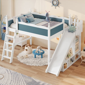 English Elm Full Loft Bed With Slide, Storage Shelves & Cabinet - Solid Wood Design For Fun & Organization! W1580S00246