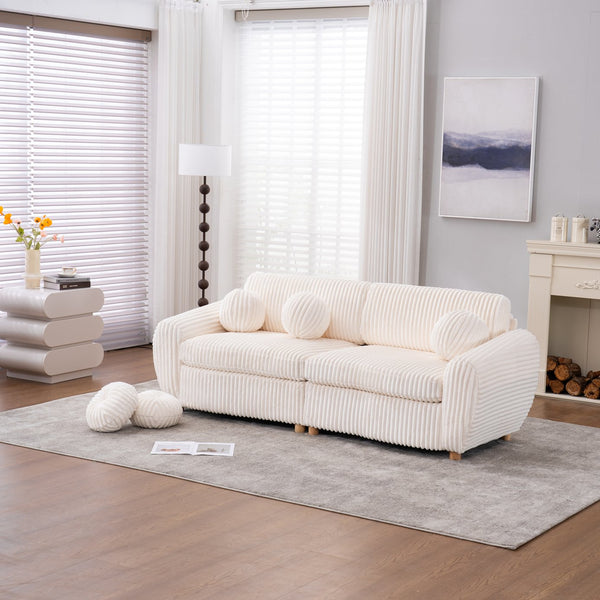 English Elm Modern Sofa - 84" White Corduroy Upholstered Couch, Stylish Sectional Love Seat For Home & Office W2363S00074