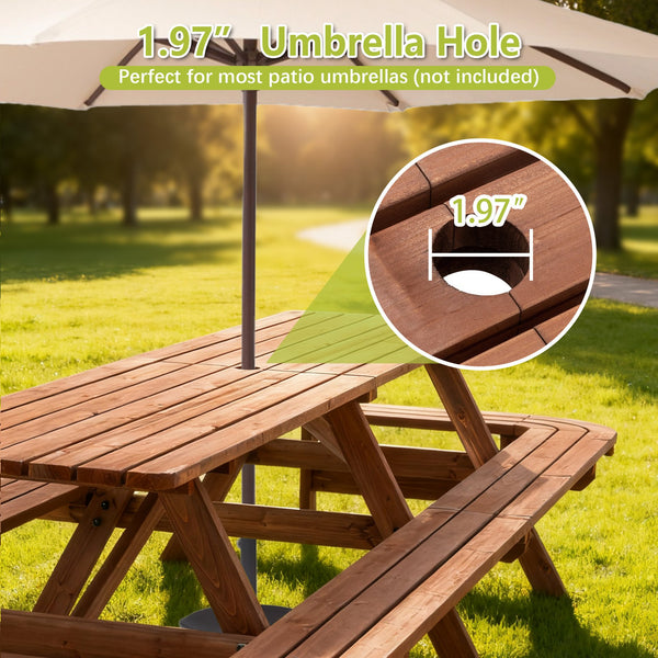 English Elm Brown 8-Foot Fir Wood Picnic Table with Benches for 14–16, 121" Outdoor Rectangle Dining Set with Umbrella Hole W1422P354886
