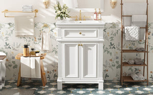 English Elm 24'' Carved Farmhouse Bathroom Vanity with Ceramic Sink Soft Close Storage Cabinet White N710P446530K