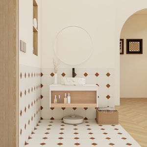 English Elm 30" Floating Wall Mount Bathroom Vanity Open Shelf Ceramic Vessel Sink Modern White Gold+White,White + Light Oak W3450S00058