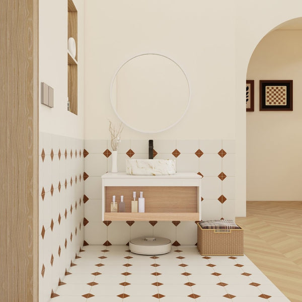 English Elm 30" Floating Wall Mount Bathroom Vanity Open Shelf Ceramic Vessel Sink Modern White Gold+White,White + Light Oak W3450S00058