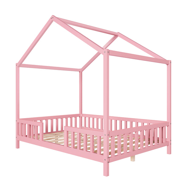 English Elm Montessori House Bed Frame Twin with Canopy & Full Guardrails, Cozy Kids Platform Bed for Toddlers Pink 77.8 L x 17.25 W x 7 H N733P356048H