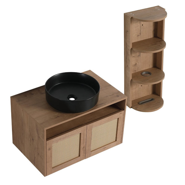 English Elm 30" Floating Bathroom Vanity Oak Finish Ceramic Vessel Sink Soft Close Plywood Cabinet W999S00502