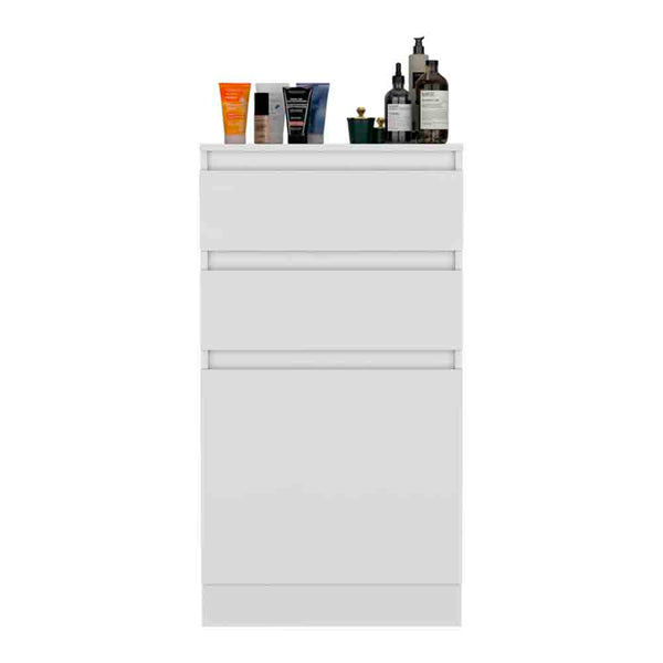 English Elm Dresser Maldus compact three-drawer white particle board chest — sleek storage for jewelry & linens B092122858 B092122858