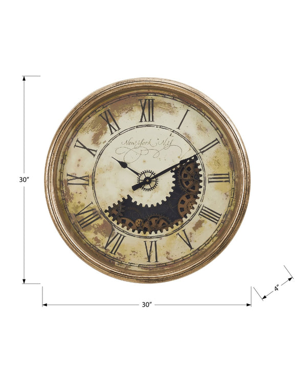 English Elm Clocks, 30" Round Antique Gold Wall Clock With Gear Mechanism - Vintage Charm For Any Space! B2710P287072