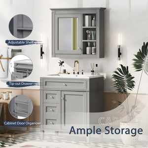 English Elm 30'' Modern Bathroom Vanity with Integrated Mirror Cabinet, Ceramic Sink, 3 Drawers & Ample Storage Grey SW000126AAE-1