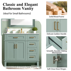 English Elm 36" Green Modern Bathroom Vanity with Ceramic Sink, 4 Soft-Close Drawers & Doors, Solid Wood Build N729P253935F