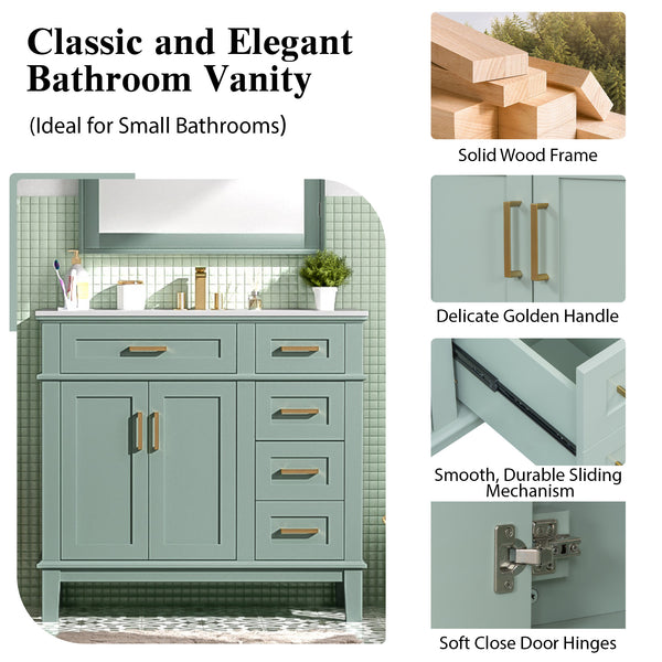 English Elm 36" Green Modern Bathroom Vanity with Ceramic Sink, 4 Soft-Close Drawers & Doors, Solid Wood Build N729P253935F