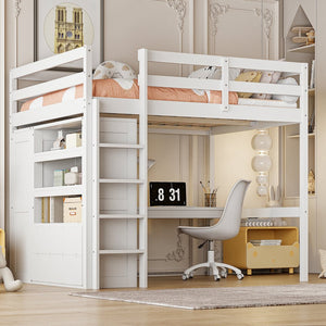 English Elm Wood Full Size Loft Bed with Built-In Desk, Wardrobe, Shelves & Drawers for Space-Saving Rooms White GX000466AAK