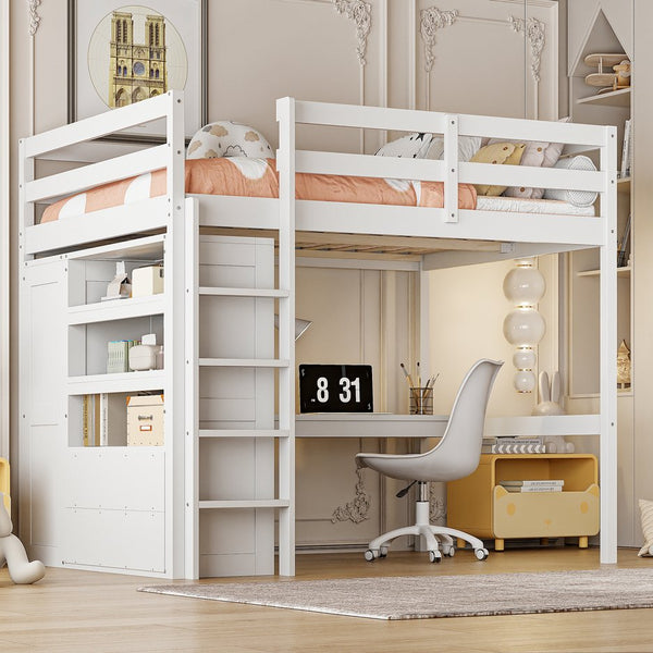 English Elm Wood Full Size Loft Bed with Built-In Desk, Wardrobe, Shelves & Drawers for Space-Saving Rooms White GX000466AAK