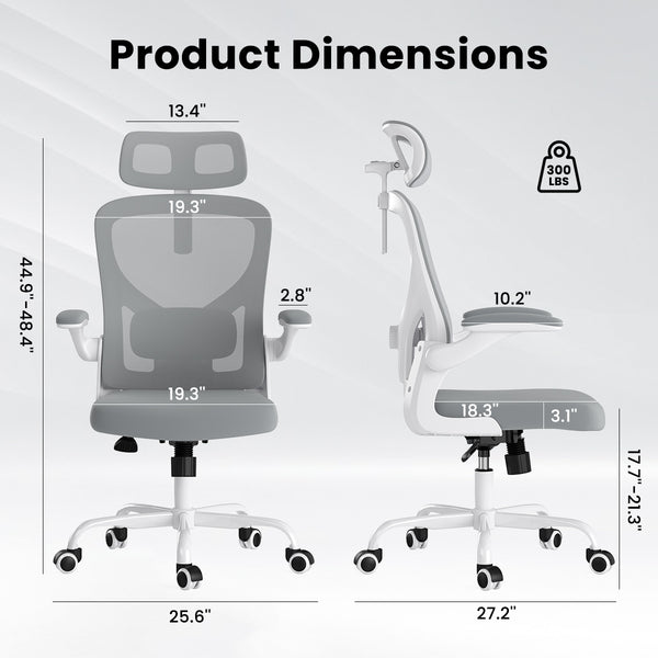 English Elm Ergonomic Office chair with adjustable headrest and lumbar support, breathable mesh, space-saving design Gray,White T3623P368561