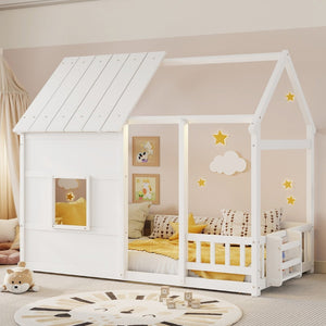 English Elm Twin House Frame Floor Bed Pinewood Build with Led Roofline Kids Bedroom White W697P435880