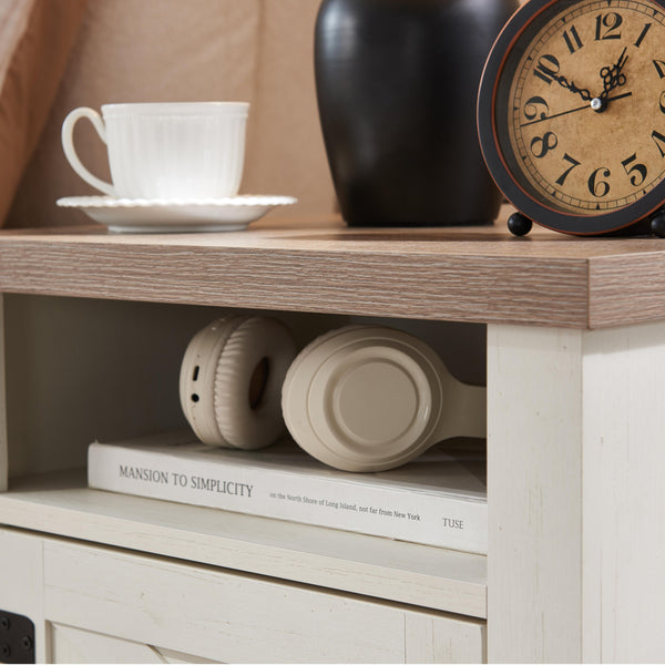 English Elm Farmhouse Rustic Nightstand with 2 Drawers and Open Shelf, Sturdy Wood-End Table for Bedroom Charm White+Oak 23.03 L x 20.79 W x 6.89 H W3151P264507