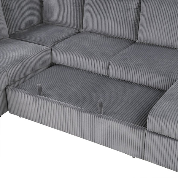 English Elm U_Style U-Shaped Corduroy Sectional Sofa With Storage & Usb Ports - 6-Seater Comfort For Any Space N711P235751E-GIGA