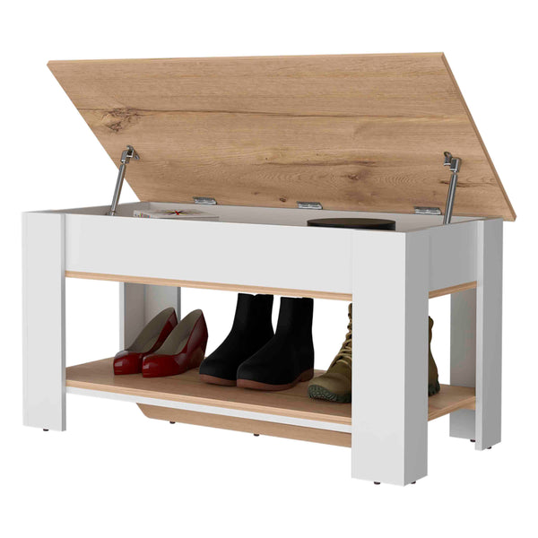English Elm Daffodil Storage Bench with Liftable Top and Lower Shoe Panel — Light Oak White Accent Seating with 37.3" W Top Compartment Multicolor 44 L x 24 W x 5 H B128P148902