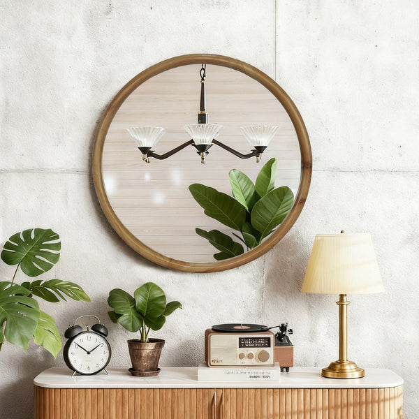 English Elm Round Wood Framed Wall Mirror - 26.77" Natural Decorative Mirror For Elegant Spaces & Timeless Style W2295P389103-GIGA