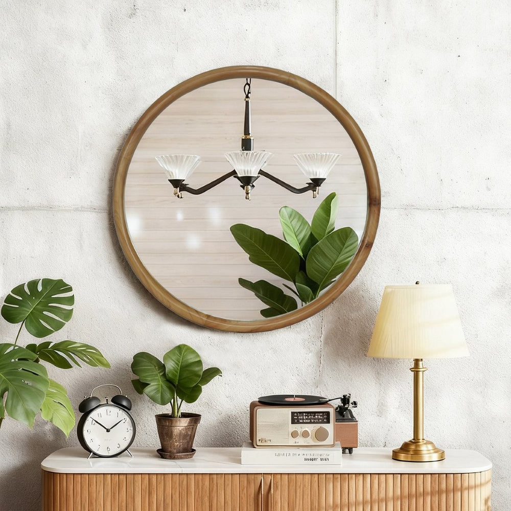 English Elm Round Natural Wood Circle Wall Mirror Scandinavian Minimalist Accent for Any Room W2295P457193
