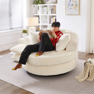 English Elm 360° 360 Swivel Round Lounge Chair Corduroy Upholstered Sculptural Seat with Removable Pillows Beige W3705S00037