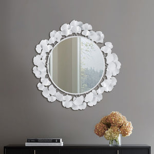 English Elm 30.5"Eden Gingko Leaf Round Wall Mirror with Decorative Iron Frame and Center Mirror Accent White 32.28 L x 32.09 W x 2.56 H B035P366554