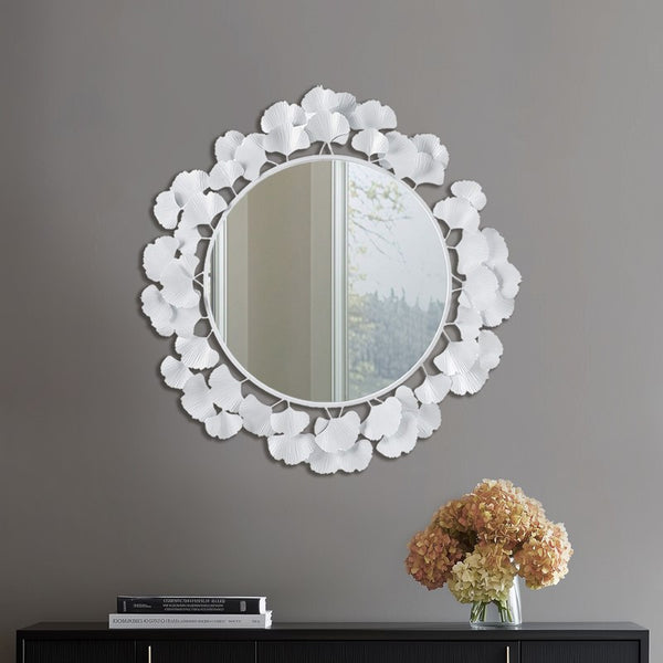 English Elm 30.5"Eden Gingko Leaf Round Wall Mirror with Decorative Iron Frame and Center Mirror Accent White 32.28 L x 32.09 W x 2.56 H B035P366554