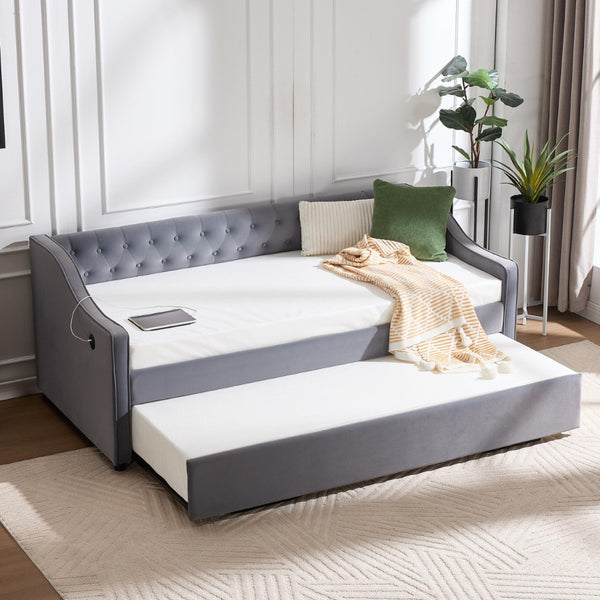 English Elm Twin Velvet Daybed with Pull Out Trundle Tufted Back Usb Port and Side Pockets Grey W1361S00036