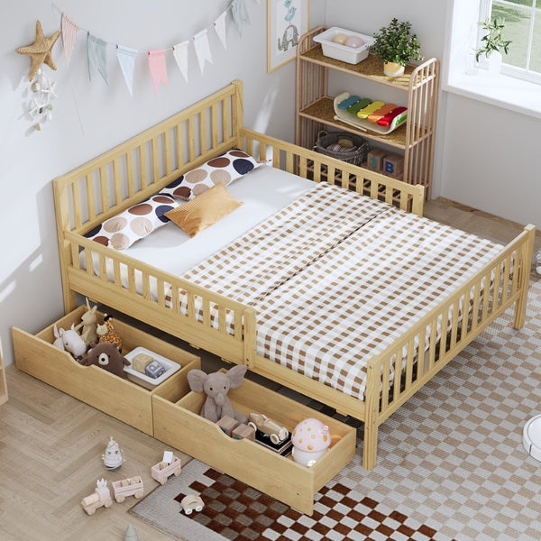 English Elm Twin Pine Platform Bed with Guardrails and Under Storage Drawers for Small Rooms N733P172700M