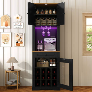 English Elm Bar Cabinet Farmhouse 69 Inch with Rgb Led Barn Door Wine Rack and Charging Station Black N728P438603B
