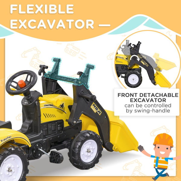 English Elm Aosom Kids Pedal Excavator with Functional Bucket Six Wheels and Detachable Cargo Trailer W2225P249789