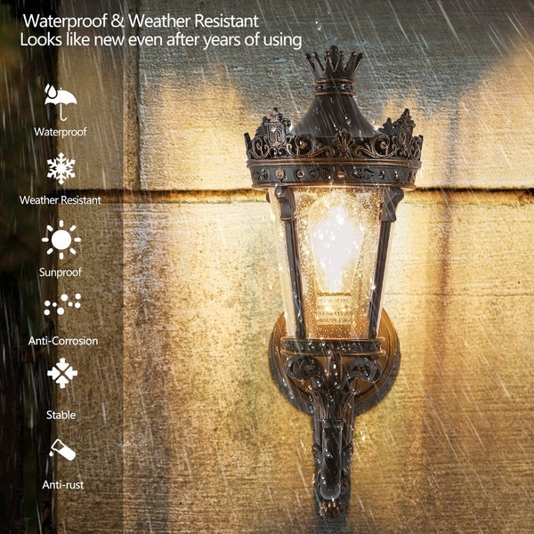 English Elm 21"(H) Vintage Outdoor Wall Lantern Coffee+Golden, Waterproof Aluminum & Clear Glass Sconce, E26 Hard-Wired Elegance for Patio Entryway Garden W2312P411862