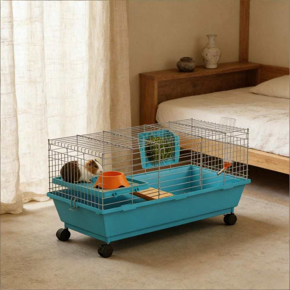 English Elm Mobile Rolling Wire Rabbit Guinea Pig Cage with Swivel Wheels Feeder and Deep Tray T3971P459853