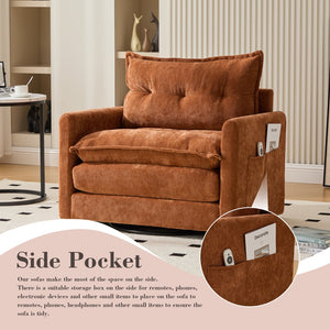 English Elm UNITED Swivel Barrel Chair with Chenille Upholstery, 360° Smooth Rotation, Padded Arm Comfort and Side Pockets for Living Room Relaxation Brown W1568P290084