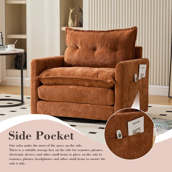 English Elm UNITED Swivel Barrel Chair with Chenille Upholstery, 360° Smooth Rotation, Padded Arm Comfort and Side Pockets for Living Room Relaxation Brown W1568P290084