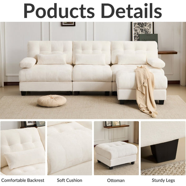 English Elm Ottoman and Chenille Sofa Set with Adjustable Backrest for Relaxed Living Room Comfort Beige W2606P359224