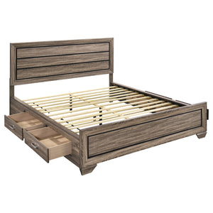 English Elm Carbon Washed Taupe Panel Storage Bed California King with Slatted Frame, Built-In Drawers, Rustic Modern Elegance B062S00688