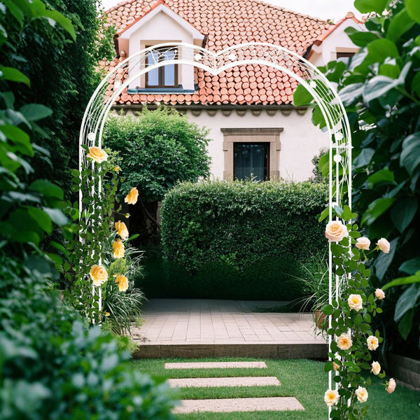 English Elm Metal Gothic Arch Garden Arbor Powder Coated Steel Trellis for Climbing Roses Cream White W158681140