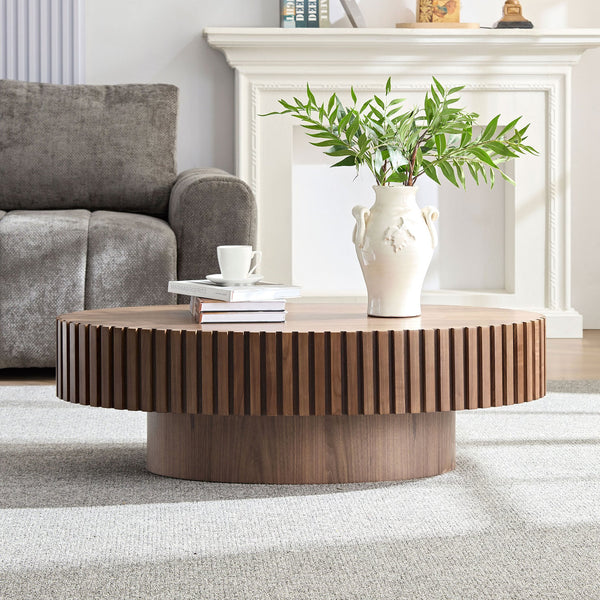 English Elm Modern Drum Coffee Table 47.6" Oval Ellipse Design with Sturdy Pedestal Base for Stylish Living Walnut W2582P251185