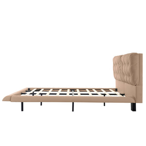 English Elm Christopher Knight Home® - Queen Plush Leather Upholstered Bed Frame with Wingback Headboard, Wavy Footboard, Quiet Support khaki 37.59 L x 32.25 W x 13 H N761S0000022M