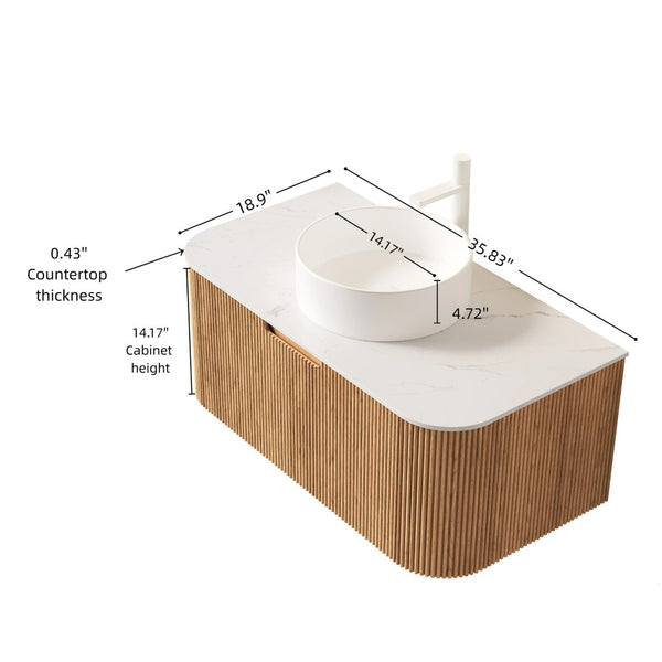 English Elm Dina Floating Bathroom Vanity Sintered Stone Top Glass Basin Striped Plywood Cabinet W2615S00438